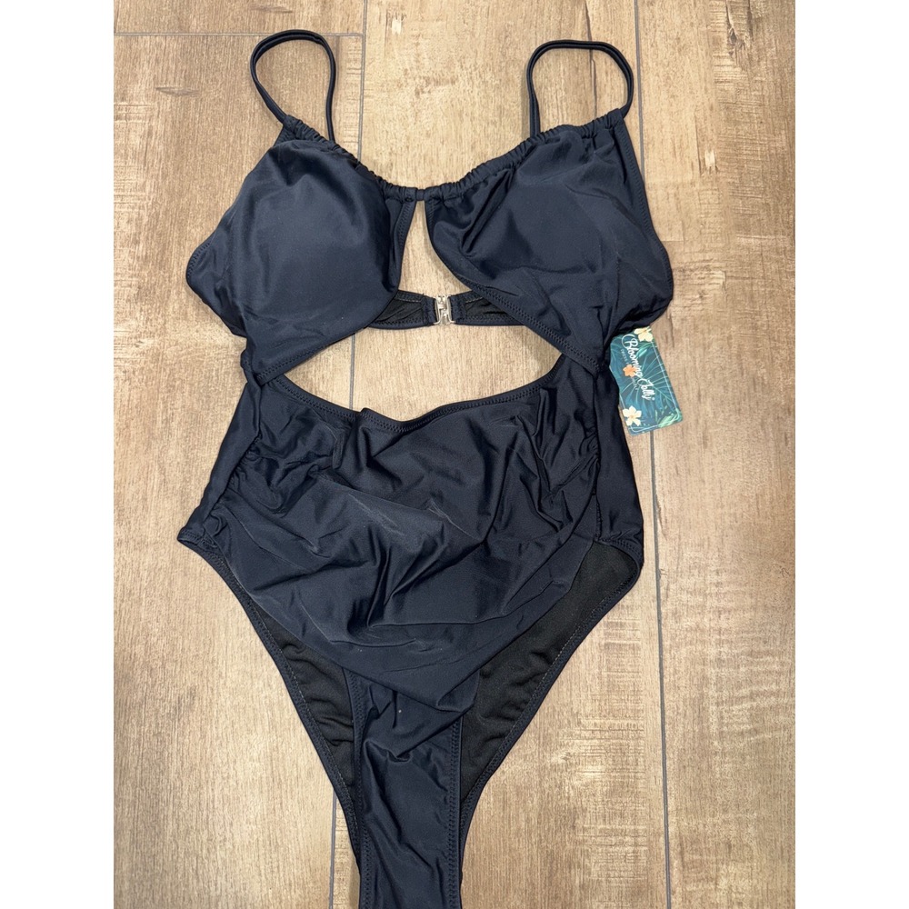 Blooming Jelly Black Cutout One Piece Swimsuit Ruched Halter Neck Metal Clasp